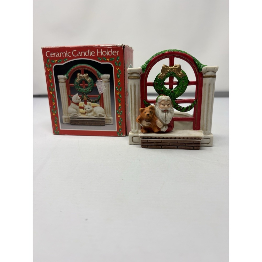 Vintage Kurt Adler Ceramic Candle Holder Santa Window Teddy Cottage Christmas